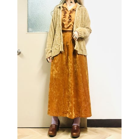 70s Velvet gold maxi skirt【00490】