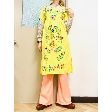 Vintage yellow embroidered dress【00828】