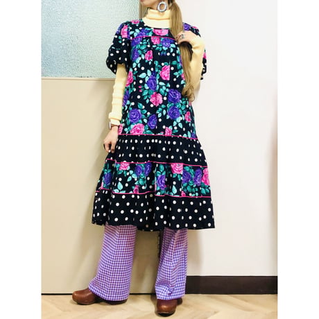 80s Floral and Dot dress【00734】