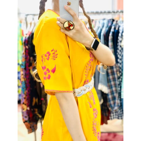 Yellow embroidered midi dress【00716】