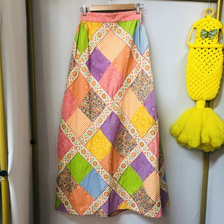 70s Floral patchwork maxi skirt【01231】