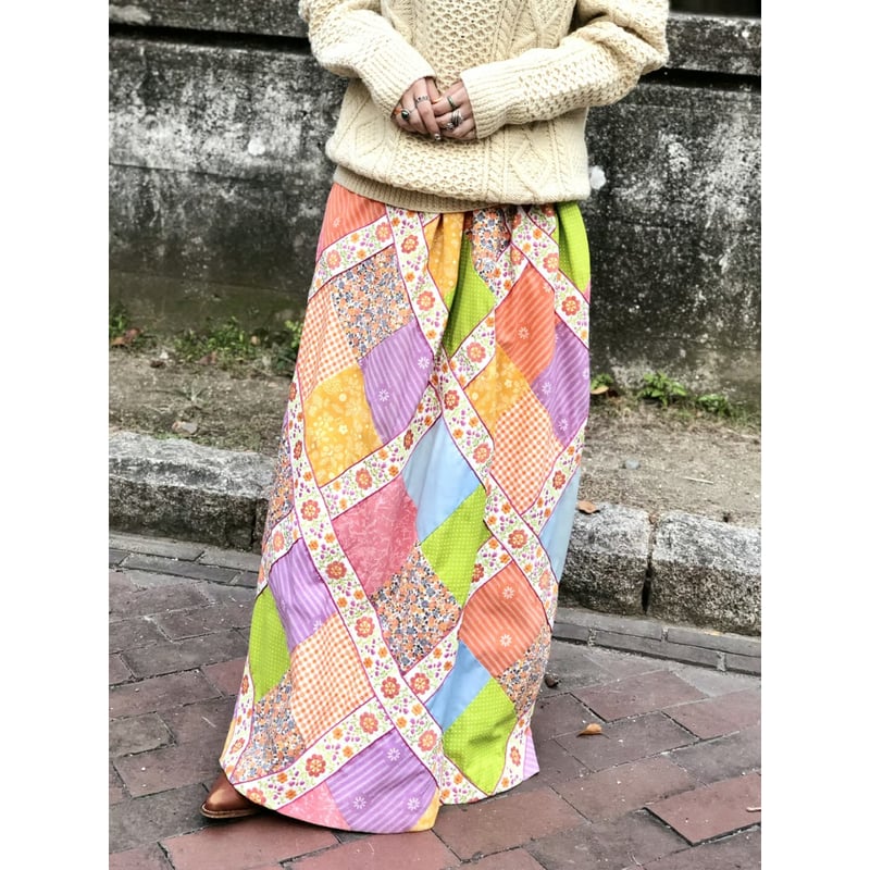 70s Floral patchwork maxi skirt【01231】 | Vintag