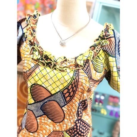 Vintage yellow african batik top【01177】