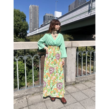 70s Green and floral maxi dress【01229】