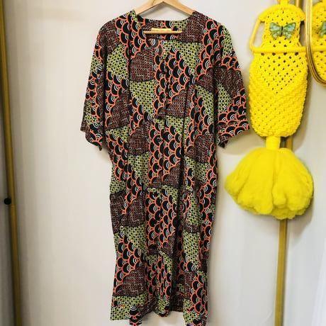 Orange×Yellow African batik dress【01188】