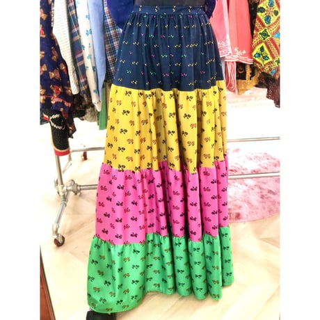 70s Colorful tiered maxi skirt【01162】
