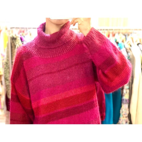 80s Pink border knit sweater【01058】
