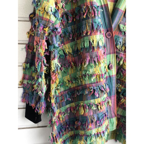 90s Green plaid fringe jacket【01325】