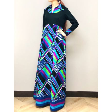 60s Multicolor maxi dress【00546】