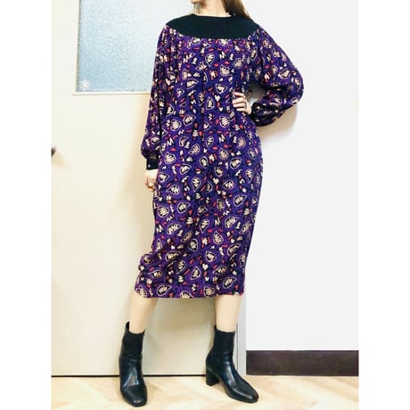 Casi Vintage purple print silk dress【01037】
