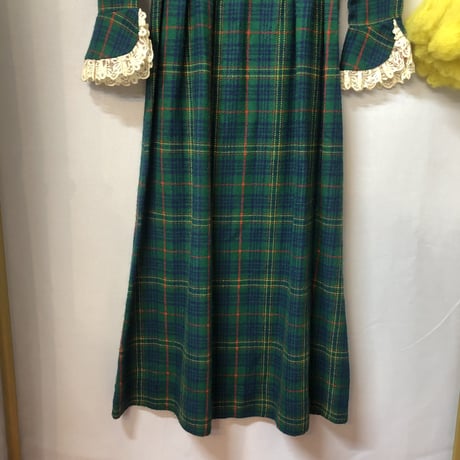 70s Green plaid wool maxi dress【01228】