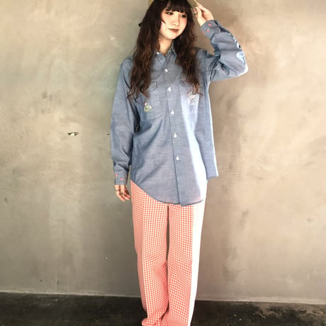 70s Red & White gingham poly pants【01290】