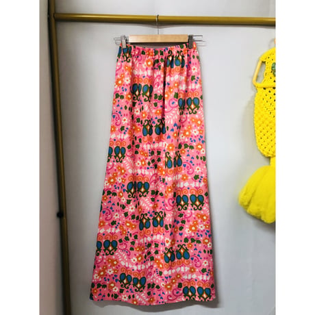 60-70s Pink floral maxi skirt【00940】