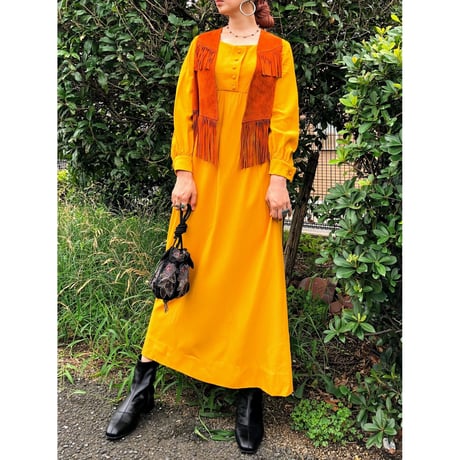 60s Handmade yellow maxi dress【00394】