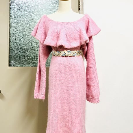 80s Knit pink dress【00589】