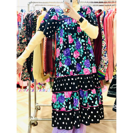 80s Floral and Dot dress【00734】