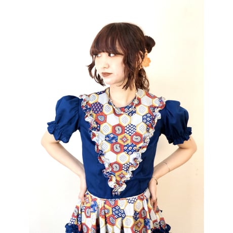 70s Navy patchwork printed midi dress【01316】