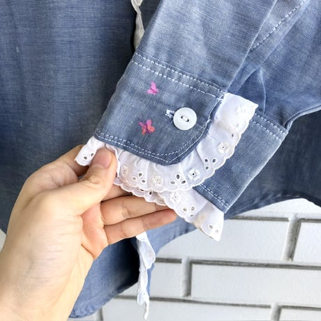 70s Butterfly paint chambray shirt【01292】