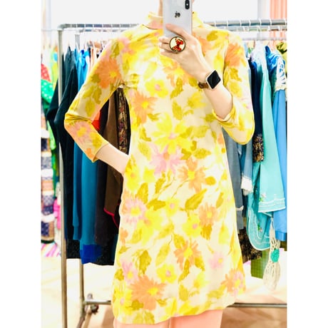 Vintage yellow floral mini dress【00907】