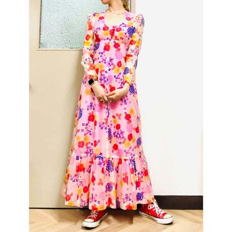 70s Hawaiian sheer maxi dress【00830】