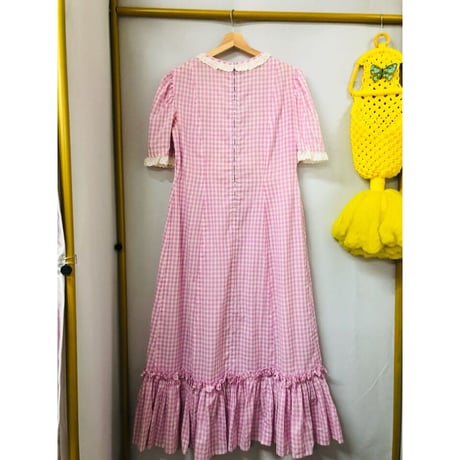 70s Purple gingham maxi dress with bonnet【00926】