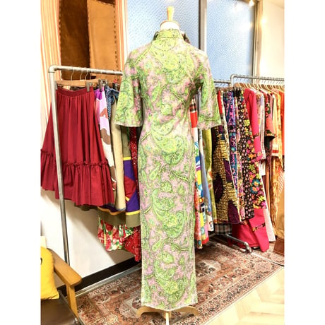 60s Green lace china dress【01214】