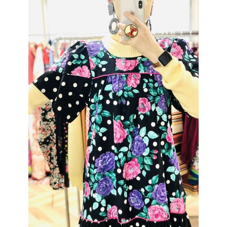 80s Floral and Dot dress【00734】