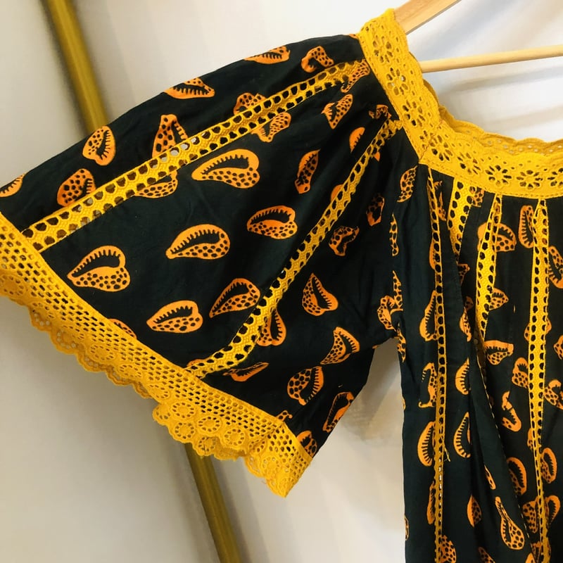 Vintage Black×Orange african batik tunic【01189】