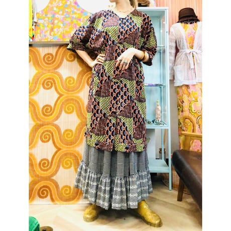 Orange×Yellow African batik dress【01188】