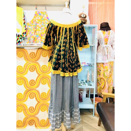 Vintage Black×Orange african batik tunic【01189】
