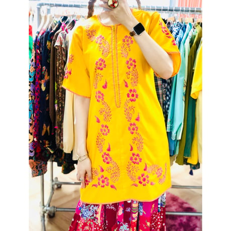 Yellow embroidered midi dress【00716】