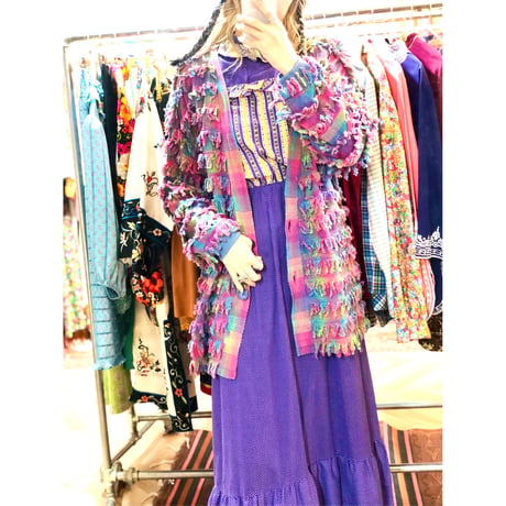 80-90s Pink plaid fringe jacket【01258】