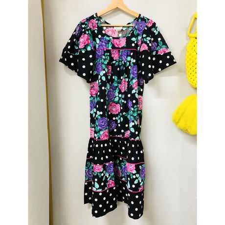 80s Floral and Dot dress【00734】