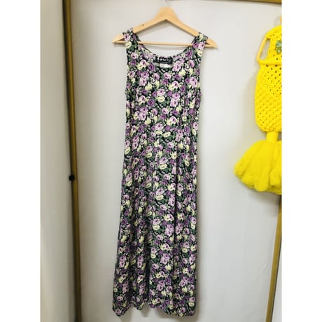 Vintage floral sleeveless long dress【00958】