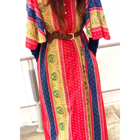 70s Red maxi dress【01075】