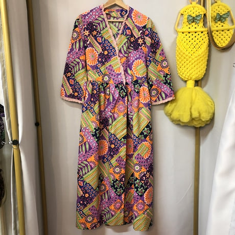 60s Psychedelic floral maxi wrap dress【01246】
