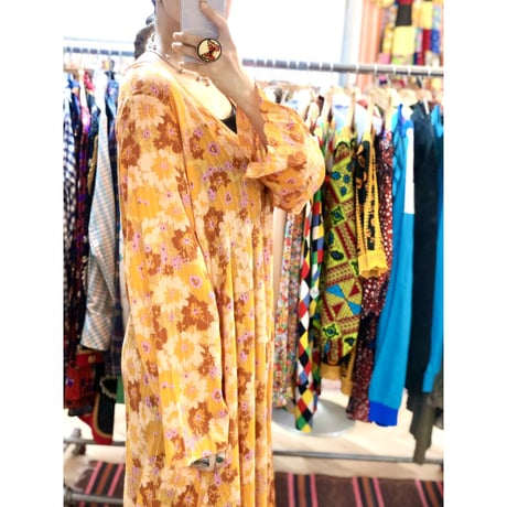 Vintage orange floral maxi dress【01217】