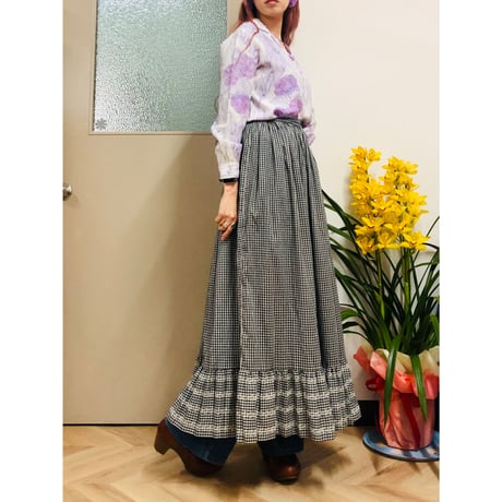 70s Black gingham maxi skirt【00598】