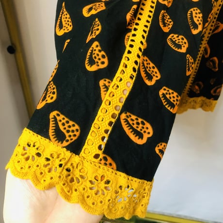 Vintage Black×Orange african batik tunic【01189】