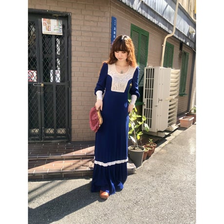 70s Navy prairie maxi dress【01224】