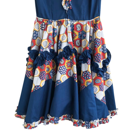 70s Navy patchwork printed midi dress【01316】