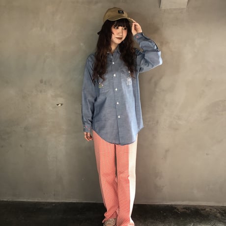 70s Red & White gingham poly pants【01290】