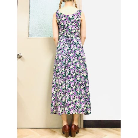 Vintage floral sleeveless long dress【00958】