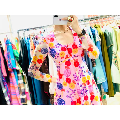 70s Hawaiian sheer maxi dress【00830】