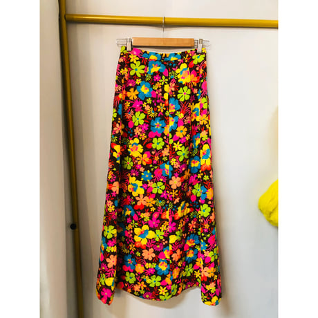70s Brown floral quilted maxi skirt【01082】