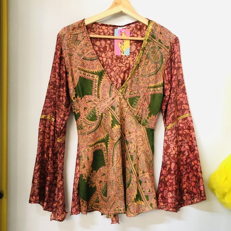 Vintage flare sleeve silk top【01198】