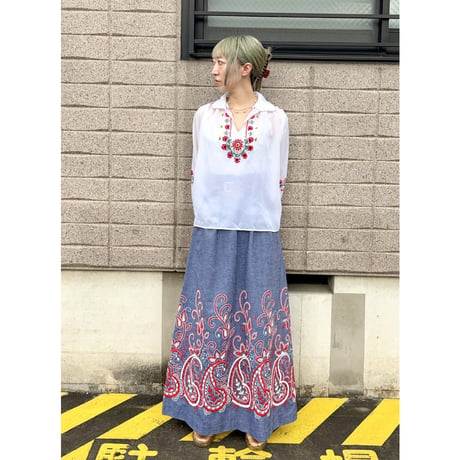 70s Embroidery maxi skirt【01501】