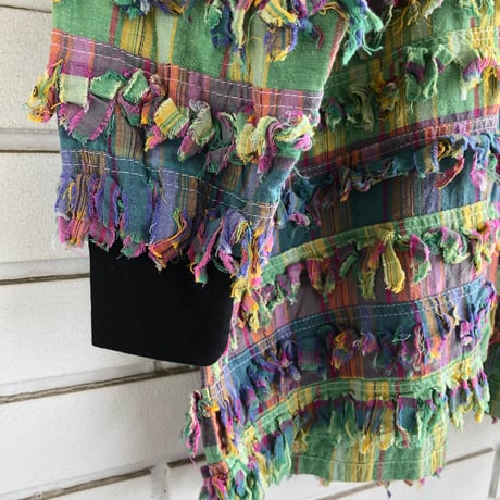90s Green plaid fringe jacket【01325】