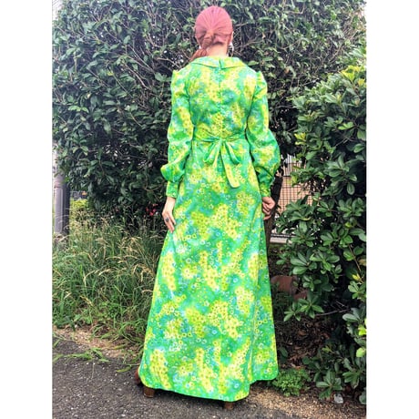 70s Lime green ｍaxi dress【00397】