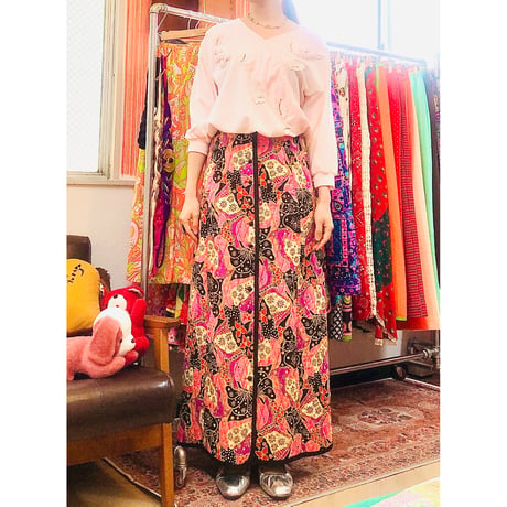60-70s Pink quilted maxi skirt【01107】